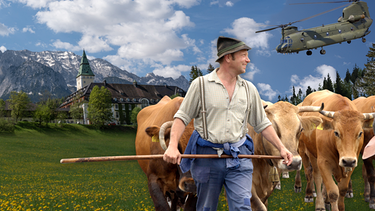 Collage: Ein Bauern treibt Kühe vor der Alpenkulisse, im Hintergrund ein Hubschrauber | Bild: BR
