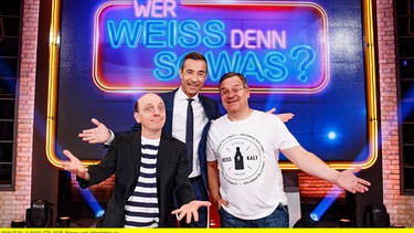 Moderator Kai Pflaume (Mitte) und seine Rateteam-Kapitäne Bernhard Hoëcker (links) und Elton. | Bild: BR/NDR/Morris Mac Matzen