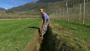 Ein Mann arbeitet in einem Graben auf einem Feld | Bild: BR