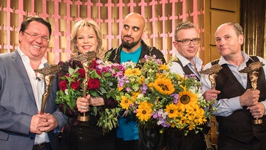 Die Preisträger Helmut Schleich, Lisa Fitz, Abdelkarim und Pigor & Eichhorn beim Bayerischen Kabarettpreis 2015 | Bild: BR/Philipp Kimmelzwinger