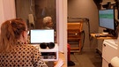 Eine alte Dame spricht gerade etwas im Forschungsmobil ein. | Bild: BR