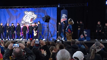 Ice Tigers Spieler auf einer Bühne. | Bild: BR