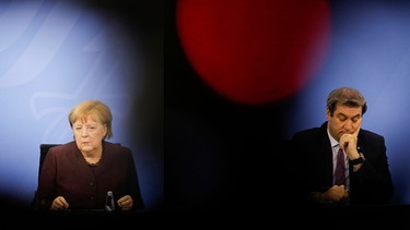 Angela Merkel (CDU) und Markus Söder (CSU) bei einer Pressekonferenz  | Bild: picture alliance/AP/Markus Schreiber   