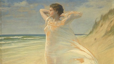 Diese Dame am Strand (von der Familie "Die Windsbraut" genannt) wurde 1904 von Max Nonnenbruch gemalt. Die Bildoberfläche ist recht glatt: Liegt es an der lasierenden Malweise oder handelt es sich doch um einen Druck? Geschätzter Wert: 12.000 bis 15.000 Euro | Bild: BR