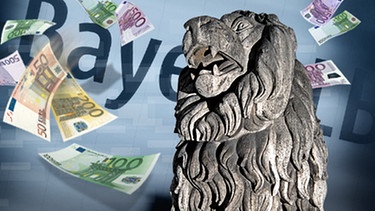 Der steinerne Löwe der Landesbank, fliegende Geldscheine | Bild: dapd; Montage: BR