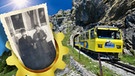 Die Wendelsteinbahn ko0mmt aus einem Tunnel, daneben das Logo zum 100-jährigem Bestehen | Bild: picture-alliance/dpa; BR; Montage: BR