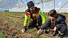 Gemüsemetzger Stefan Dellinger mit seiner Tochter Malen beim Begutachten der Gemüsepflänzchen. | Bild: BR