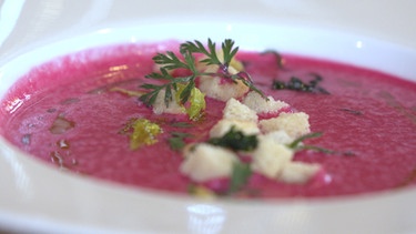 Vorspeise im Gasthof Diem: Rote-Beete-Meerrettich-Suppe | Bild: Wir in Bayern