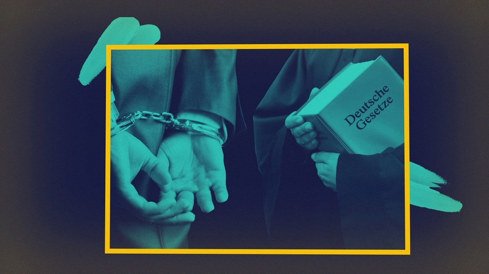 Symbolbild: "Was ist Strafe?" Hände in Handschellen; ein Richter hält ein Buch, darauf steht "Deutsche Gesetze" | Bild: BR, picture-alliance/dpa, colourbox.com; Montage: BR
