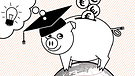 Illustration: Ein Sparschwein mit Doktorhut steht auf einem Globus | Bild: BR