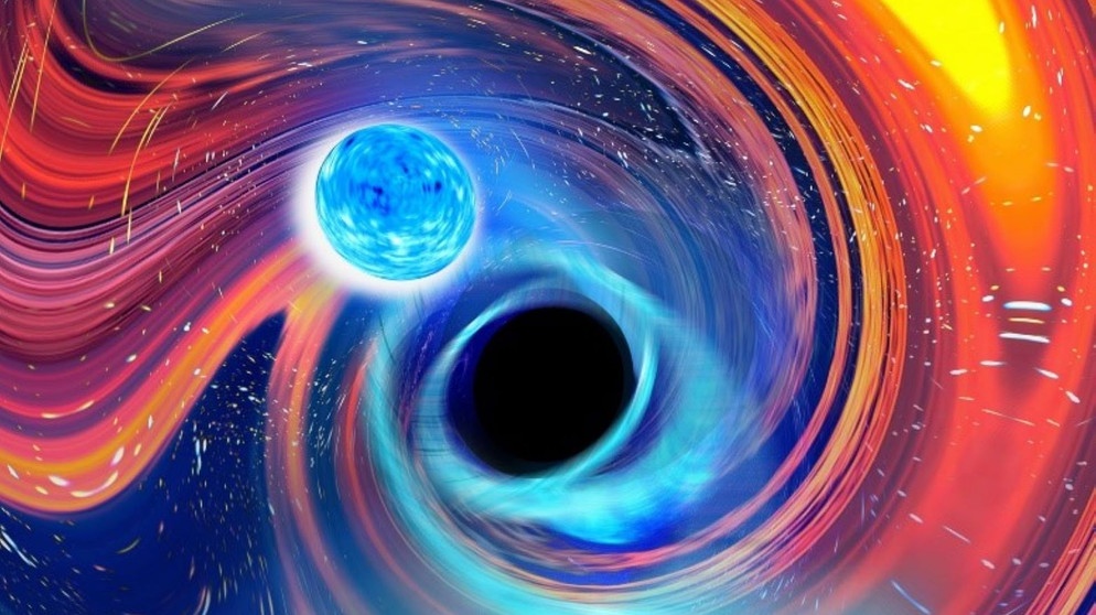 Space Night Science - Schwarzes Loch verschluckt Neutronenstern. Rainbow-Swirl-Refracted. | Bild: OzGrav-Swinburne University/Carl Knox