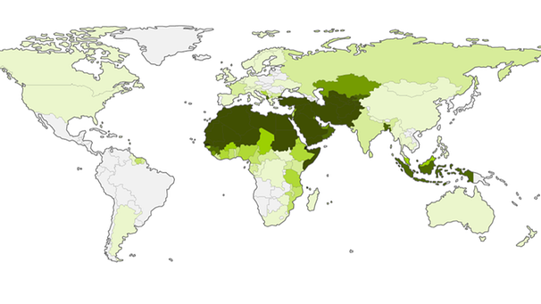 Karte: Bevölkerungsanteil der Muslime weltweit je Land, in % | Bild: BR | Daten: Pew Research Center 2014