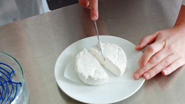 Der erste Käse aus Lupinen. Leider kein Schnittkäse, sondern eher wie Feta. Die Versuche gehen weiter. | Bild: BR