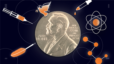 Montage aus Medaille Nobel und verschiedene Symbole zu Fächern der Nobelpreise | Bild: BR