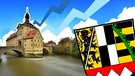 Blick auf das alte Rathaus in Bamberg, Wappen Oberfranken  | Bild: Bild: colourbox.com; Montage: BR