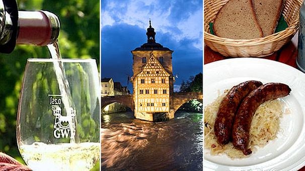 Wein wird in ein Weinglas eingeschenkt, Bamberger Rathaus, Bratwurst auf Kraut | Bild: picture-alliance/dpa, BR-Studio Franken; Montage: BR