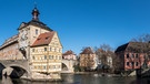 Panoramafoto vom Alten Rathaus Bamberg - mit Regnitz. | Bild: Wolfgang Freimark, Erlangen, 22.02.2018