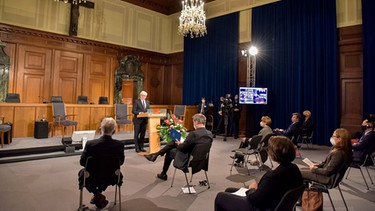 Bundespräsident Frank-Walter Sterinmeier spricht am 20.11.2020 beim Festakt 75 Jahre Nürnberger Prozesse | Bild: Christine Dierenbach/Museen der Stadt Nürnberg