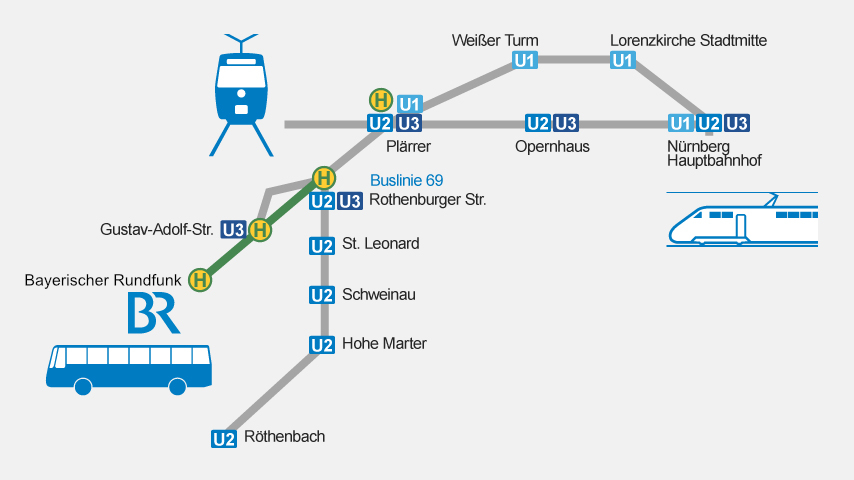 Infografik: Anreise mit öffentlichen Verkehrsmitteln zum Studio Franken | Bild: BR