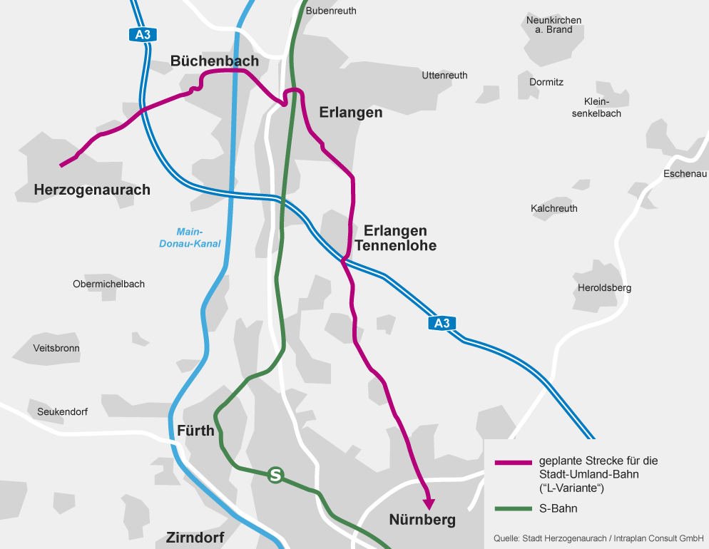 Karte: Geplante Strecke der Stadt-Umland-Bahn, L-Lösung | Bild: BR