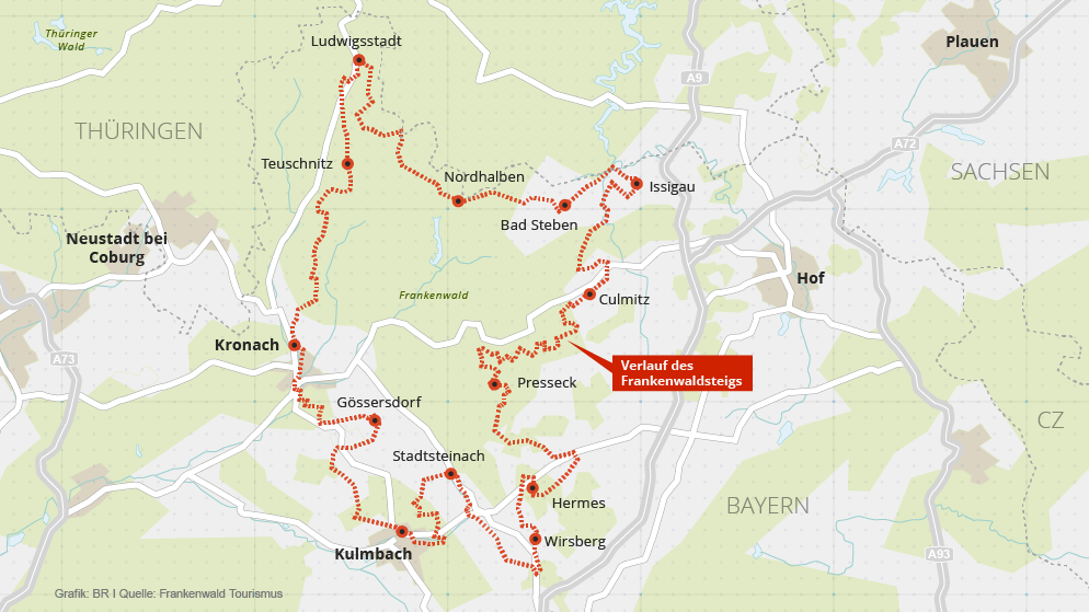Verlauf des Frankenwaldsteigs in Oberfranken | Bild: Grafik: BR