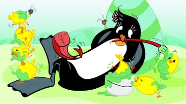 Pinguin Pudding vergnügt mit Küken beim Verzieren von Ostereiern | Bild: BR | Tanja Begovic