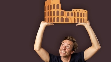 Eine Collage bei der Tobi ein altes römisches Gebäude über seinen Kopf hält. | Bild: BR