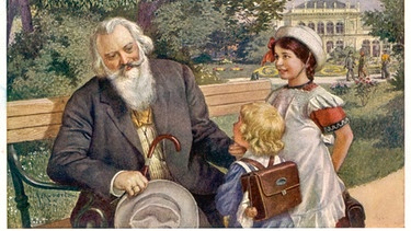 Auf einer historischen Postkarte wird der alte Johannes Brahms als Kinderfreund dargestellt. | Bild: picture-alliance / Mary Evans Picture Library