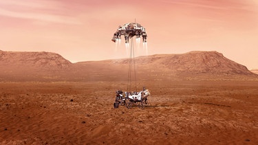 Die Illustration zeigt den Nasa-Rover "Perseverance" bei der Landung auf dem Mars.  | Bild: NASA/dpa