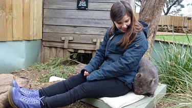 Warum der Womabat Würfel kackt / Anna mit kleinem Wombat im Tierpark Bonorong in Tasmanien | Bild: BR | Text und Bild Medienproduktion GmbH & Co.KG