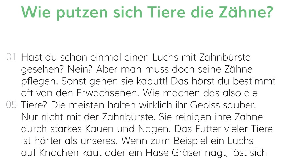 Textausschnit aus "Wie putzen sich Tiere die Zähne?". | Bild: Universität Regensburg