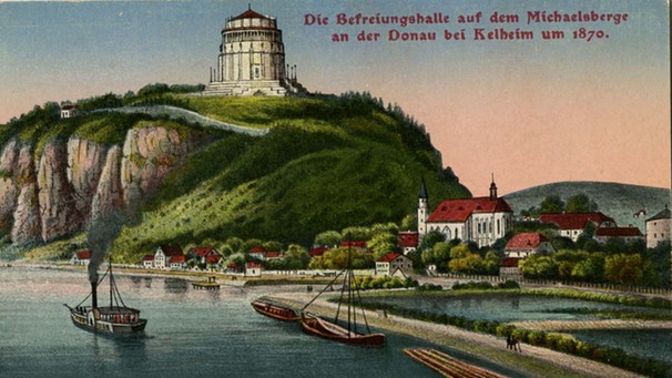 Kolorierte Postkarte mit Ansicht der Befreiungshalle über der Donau um 1870 | Bild: Stadtarchiv Kelheim
