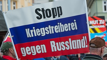 Anhänger der rechtskonservativen Partei "Alternative für Deutschland" (AfD) demonstrieren am 23.04.2016 in Stralsund (Mecklenburg-Vorpommern). Auf einem Schild ist zu lesen "Stopp Kriegstreiberei gegen Russland!"  | Bild: picture-alliance/dpa