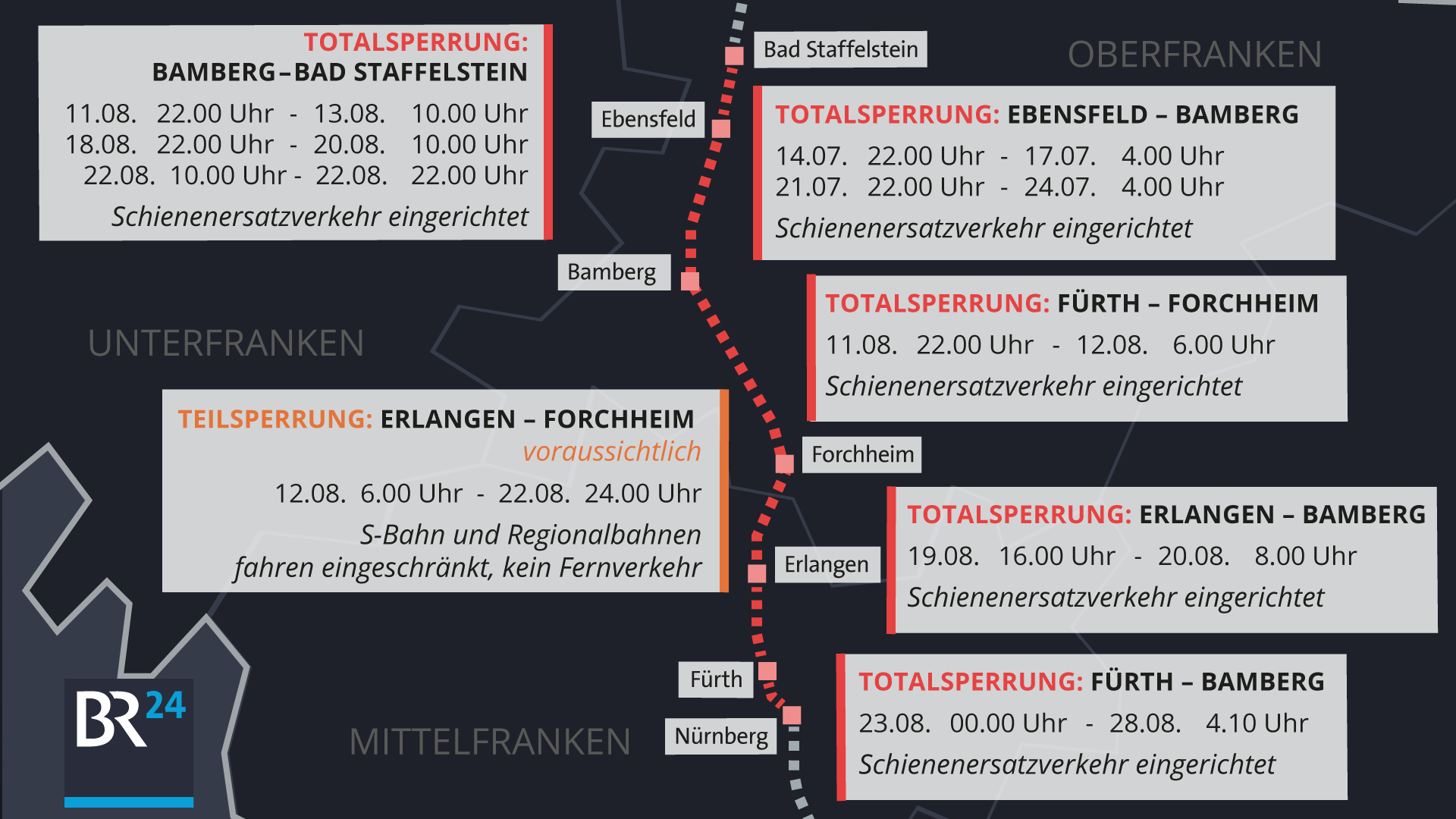 Karte Bayern mit der Bahnstrecke Nürnberg Staffelstein und den aktuellen Sperrungen | Bild: Deutsche Bahn, Grafik: BR