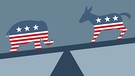 Symbolbild Swing States: Die Parteisymbole der Republikaner (Elefant) und der Demokraten (Esel) auf einer Wippe | Bild: colourbox.com; Montage: BR