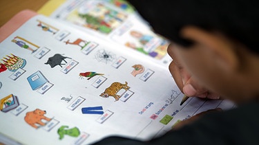 Flüchtlingskinder lernen im Unterricht Deutsch als Fremdsprache. | Bild: dpa/Arno Burgi