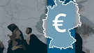Illustration: Flüchtlinge vor Kartenausschnitt, Symbol: Deuschlandkarte mit Eurozeichen | Bild: BR