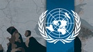 Illustration: Flüchtlinge vor Kartenausschnitt, Symbol: Vereinte Nationen | Bild: BR