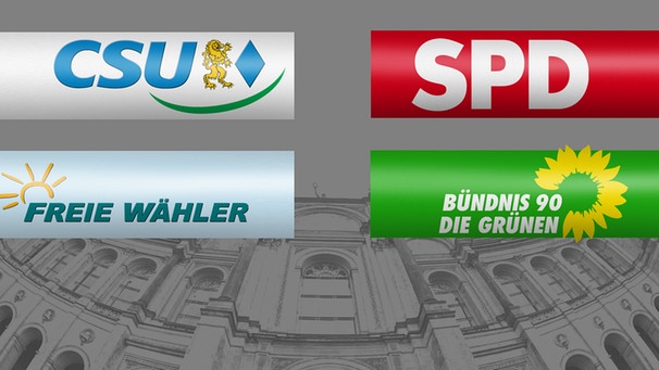 Parteilogos CSU, SPD, Freie Wähler und Bündnis 90/ Die Grünen | Bild: CSU, SPD, Freie Wähler, Bündnis 90/ Die Grünen; Montage: BR