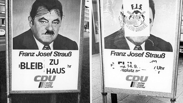 Überklebte und übermalte Plakate von Franz Josef Strauß während des Bundestagswahlkampfs im Ruhrgebiet 1979 | Bild: Lothar Kucharz/Süddeutsche Zeitung Photo