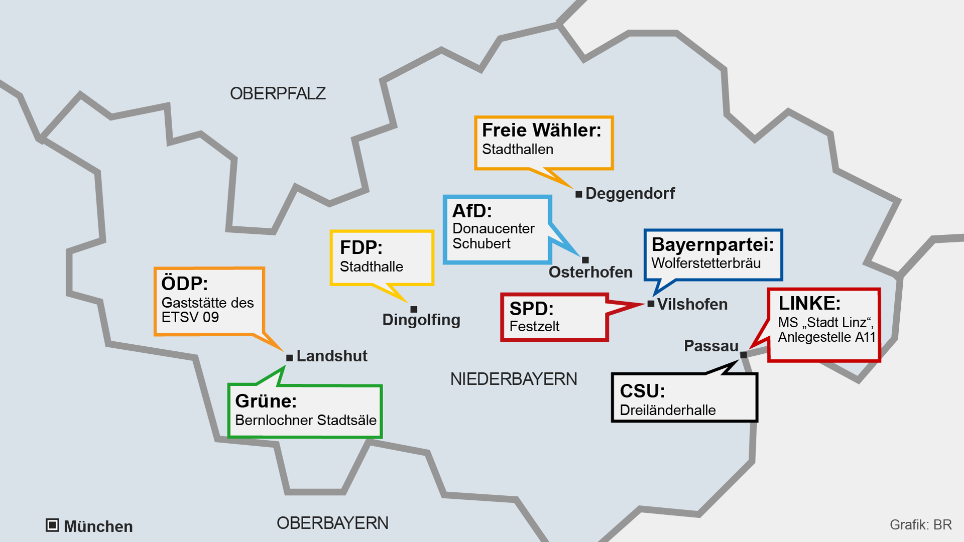 Bayernkarte mit den Veranstaltungsorten der politischen Parteien  | Bild: BR