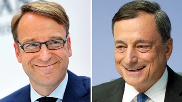 Geldpolitische Gegenspieler: Bundesbank-Präsident Jens Weidmann und EZB-Chef Mario Draghi | Bild: picture-alliance/dpa; Jan Woitas, Fredrik von Erichsen