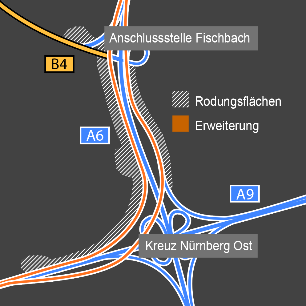 Karte: Geplanter Ausbau der A6 bei Nürnberg | Bild: BR
