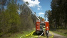 Ein Feuerwehrmann spritzt von einem Einsatzfahrzeug aus Wasser in einen Wald | Bild: BR/Laura Nadler