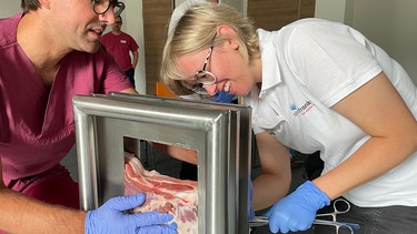 Eine Medizinstudentin legt an einem Schweinebauch eine Thoraxdrainage, ein Arzt leitet sie an. | Bild: BR24/Ulrike Lefherz