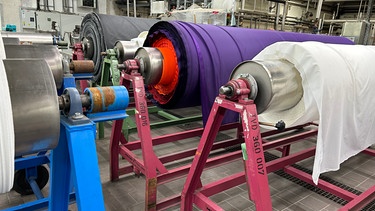 Farbige Stoffballen auf einer Maschine des Textilveredlers TVD in Selb. | Bild: BR24/Markus Feulner