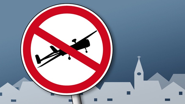 Illustration: Ein Verbotsschild mit durchgestrichener Drohne vor einer Dorfsilhouette | Bild: BR, Creativ Collection
