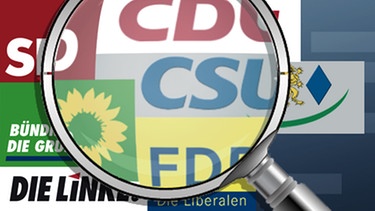 Illustration: Die Logos der Bundestagsparteien mit der Lupe betrachtet | Bild: Montage: BR