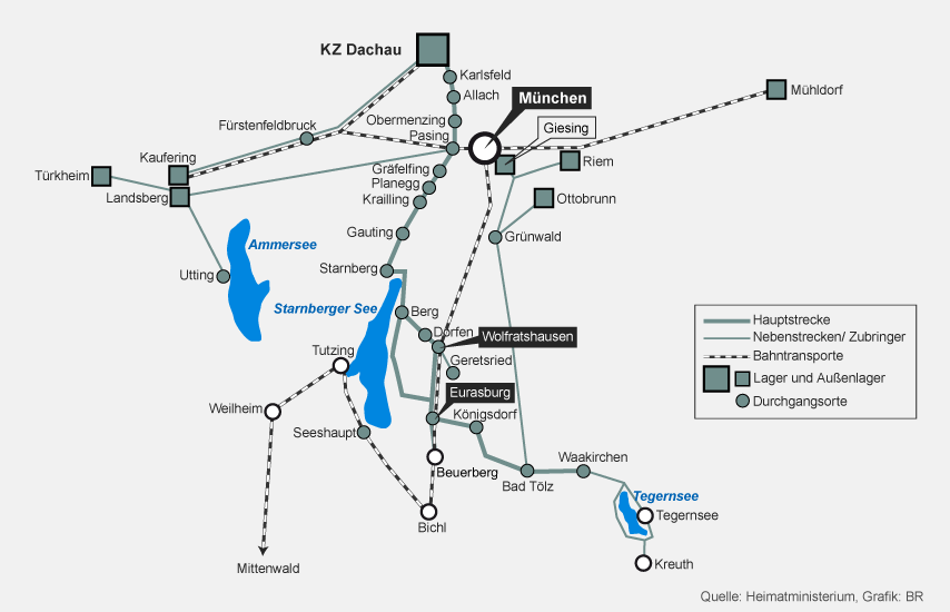 Karte mit den Hauptstrecken und Nebenstrecken der todesmärsche vom KZ-Dachau | Bild: BR
