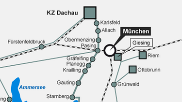 Karte mit der Hauptstrecke und Nebenstrecke der Todesmärsche vom KZ-Dachau | Bild: BR